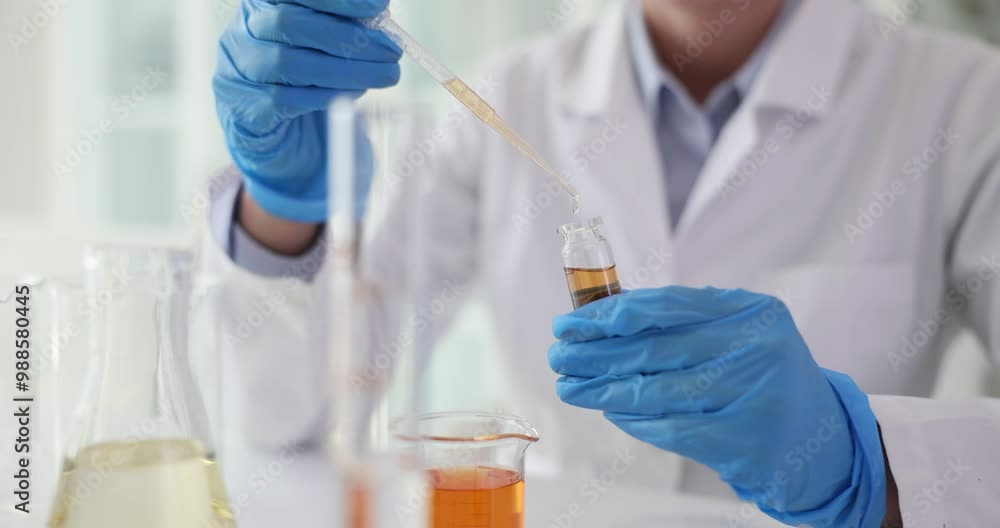 Laboratory worker drips liquid into bottle with pipette at workplace. Attentive technician prepares reagent for scientific research in lab Laboratory worker drips liquid into bottle with pipette at workplace. Attentive technician prepares reagent for scientific research in lab
