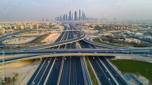 Aerial view of Riyadh's highways and modern infrastructure, with the skyline in the distance