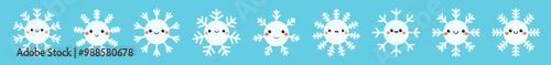 White snowflake icon set line. Face emotions. Cute cartoon kawaii funny baby character. Different shape, sign. Snowflakes collection. Childish style. Flat design. Isolated. Blue background. Vector