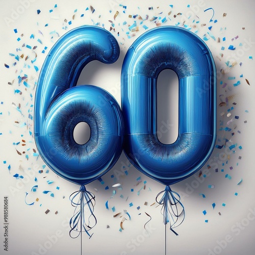 Blue birthday / anniversary balloon, number 60, white background with confetti photo