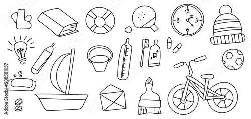 Doodle sketch set. Boot, book, lifebuoy, ping pong, clock, hat, light bulb, and much more. Vector illustration bundle. Black and white outline drawing
