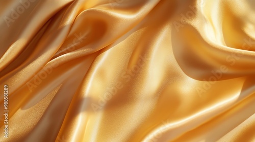 Closeup of a smooth, golden fabric with folds and waves.