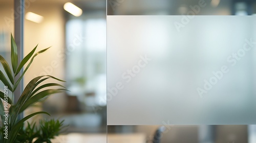 Frosted glass panel with copy space in a modern office with green plants and a blurred background