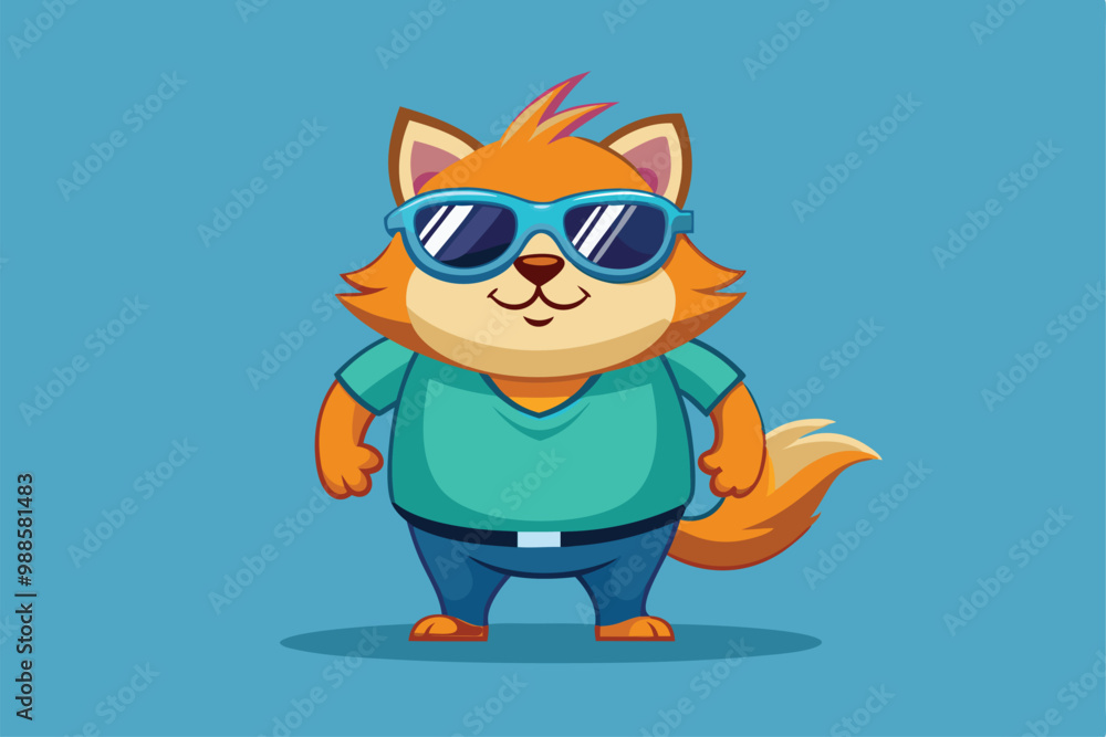 Fototapeta premium A cheerful cartoon cat in sunglasses poses confidently with a playful expression, a cartoon character of a a cartoon cat wearing sunglasses