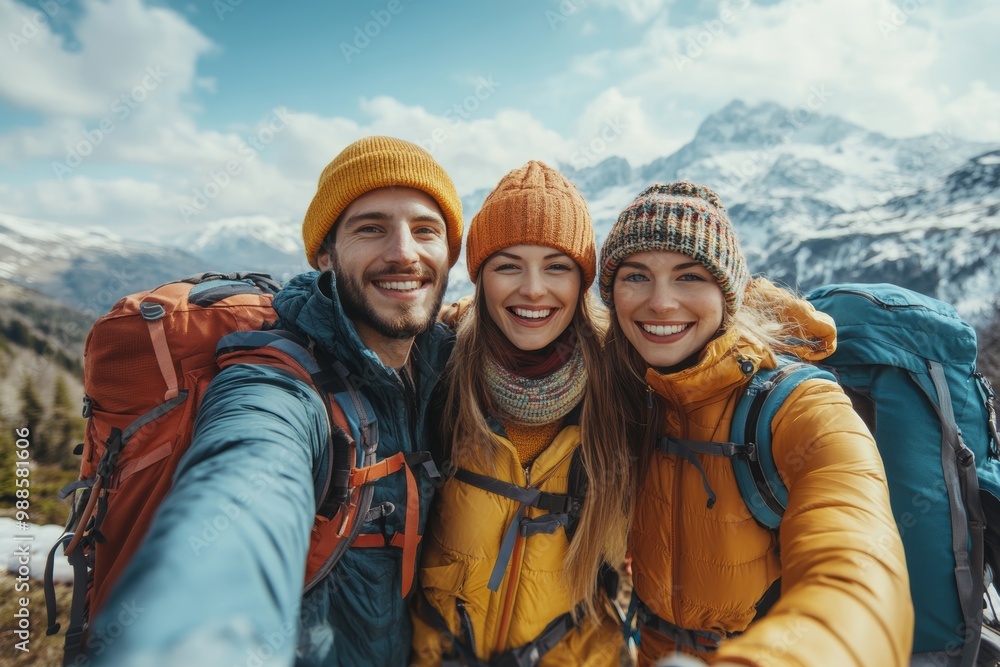 Happy tourists friends making selfie in mountains area, Generative AI Happy tourists friends making selfie in mountains area, Generative AI