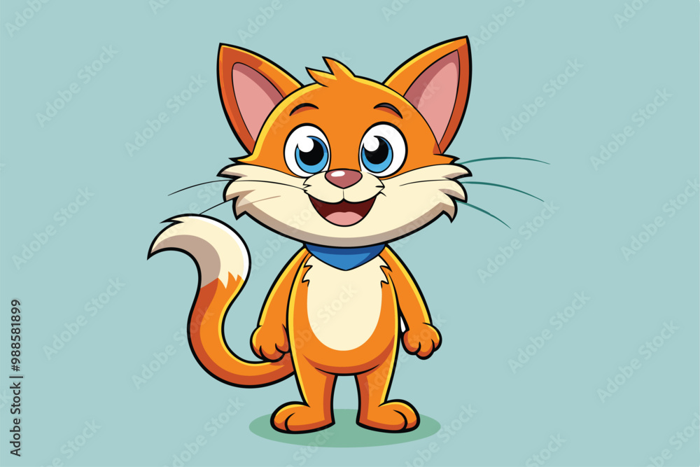 Obraz premium A cartoon cat with big eyes and an orange coat is smiling joyfully while standing upright, a cartoon character of a A cat