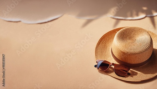 Straw hat and sunglasses on beach. Summer Holidays concept; top view with copy space  photo