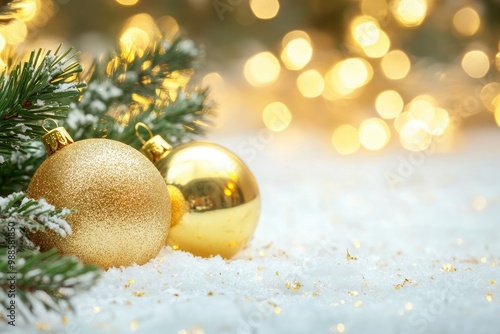 Christmas gold decorations on snow with fir tree branches and christmas lights. Winter Decoration Background with generative ai photo