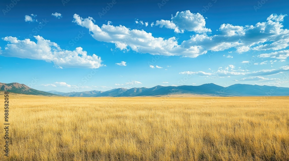 Savannah grasslands stretching toward a distant mountain range under a vivid blue sky with soft clouds, portraying the beauty of nature. Savannah grasslands stretching toward a distant mountain range under a vivid blue sky with soft clouds, portraying the beauty of nature.