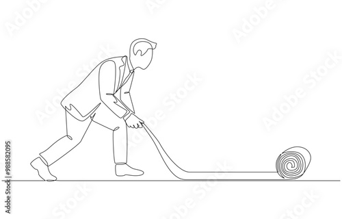 Continuous one line drawing of businessman laying carpet, career path, business direction concept, single line art.
