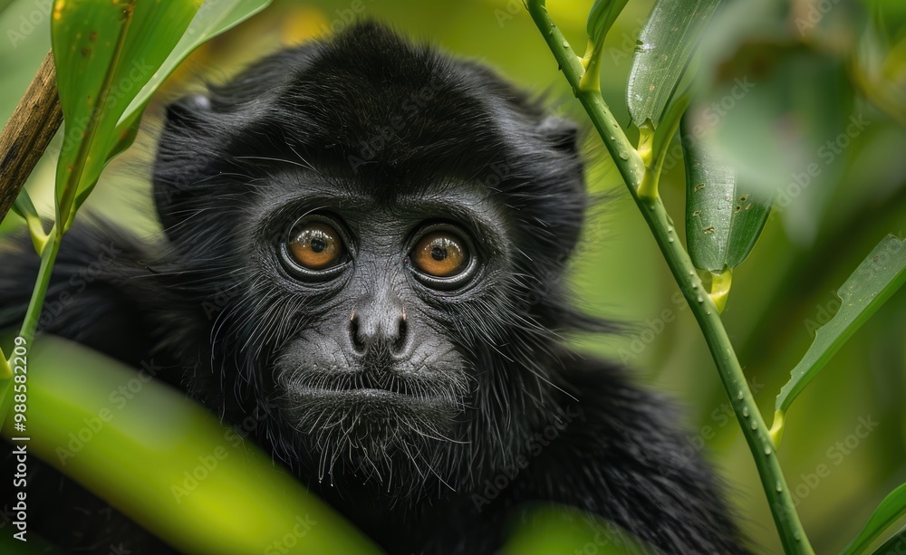 Obraz premium Close-up of a Black Monkey with Intense Eyes in a Green Jungle Environment