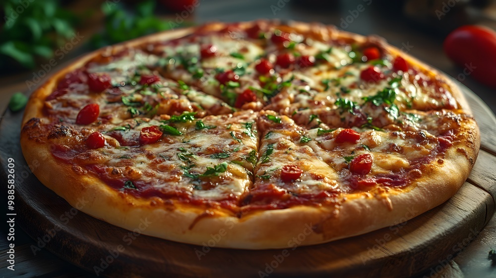 Close-Up of a Deliciously Topped Pizza with Cherry Tomatoes and Herbs. Close-Up of a Deliciously Topped Pizza with Cherry Tomatoes and Herbs.