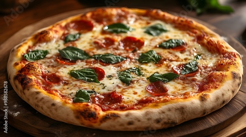 Close-up of a Pepperoni Pizza with Basil and Melted Cheese.