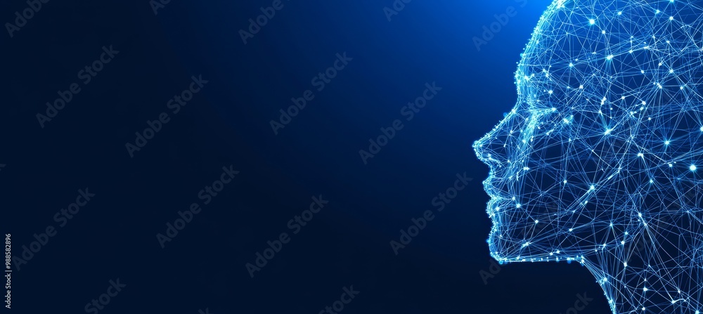 Obraz premium Digital Abstract Head Connected Dots, Lines and Triangles on a Blue Technology Background