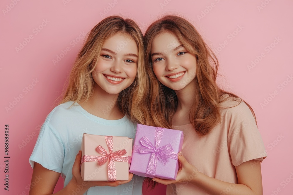 Happy young two pretty women girls friends sisters posing isolated over pink wall background holding present boxes, Generative AI Happy young two pretty women girls friends sisters posing isolated over pink wall background holding present boxes, Generative AI