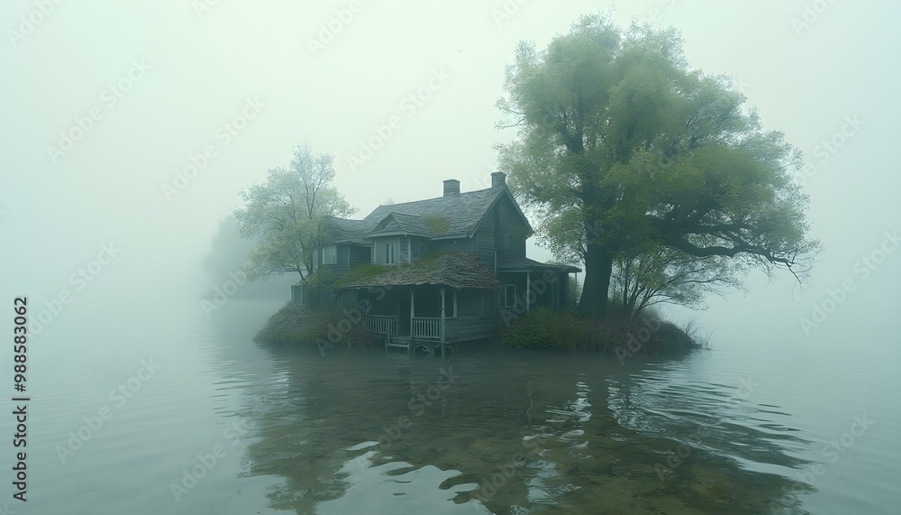 Obraz premium Rising sea levels and global warming represented by a house and trees partially submerged in water