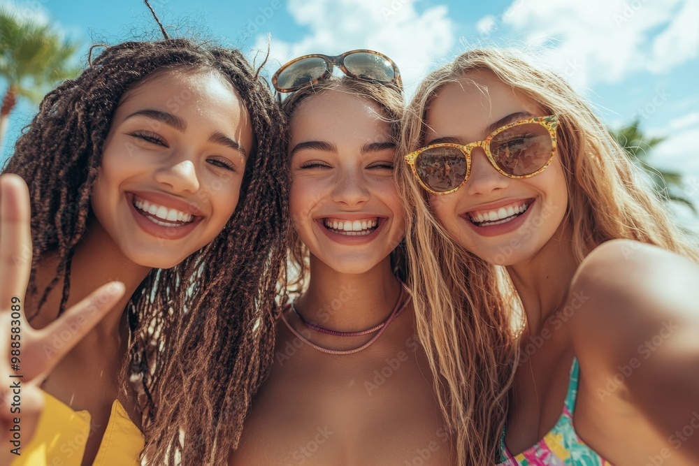 Image of three joyous multiethnic girls 20s in stylish clothing laughing and showing peace sign at camera, during beach party at seaside, Generative AI Image of three joyous multiethnic girls 20s in stylish clothing laughing and showing peace sign at camera, during beach party at seaside, Generative AI