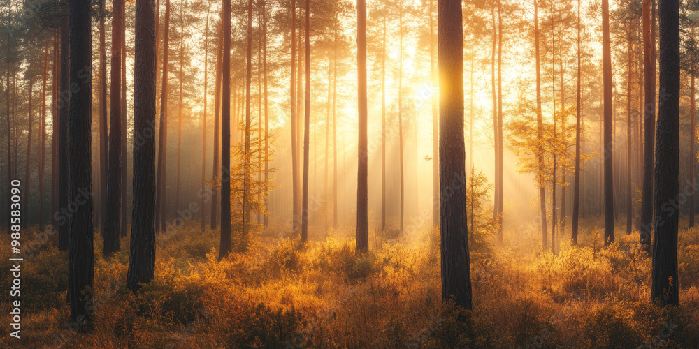 Fototapeta premium Misty Autumn Forest at Golden Hour Summer Tranquility