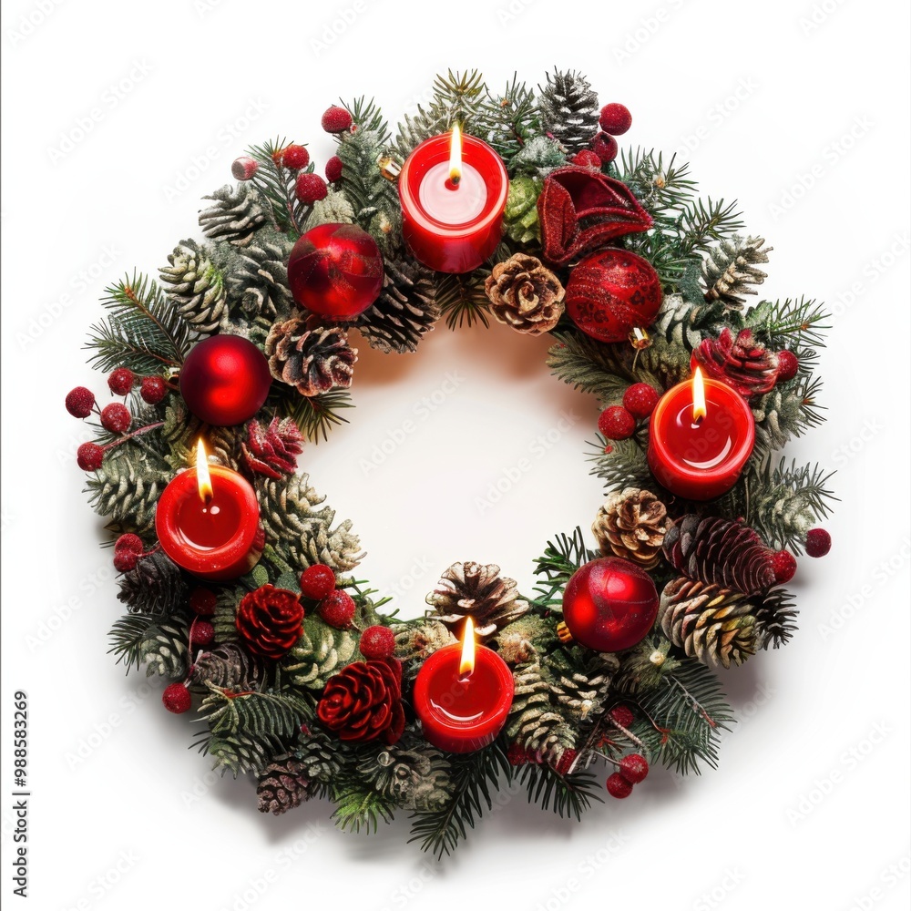 A Christmas wreath made with pine cones and red balls and red candles. A Christmas wreath made with pine cones and red balls and red candles.