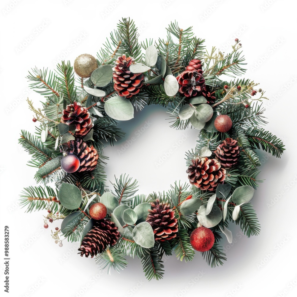 Fototapeta premium A Christmas wreath made with pine cones and red balls.