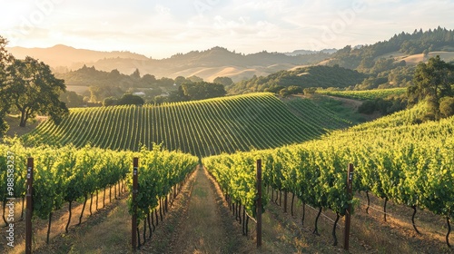 A scenic vineyard nestled in a rolling valley, with neat rows of grapevines stretching towards the distant hills under a warm summer sky.