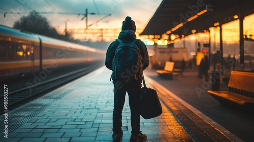 Solitary Traveler Waits on the Train Platform at Sunset