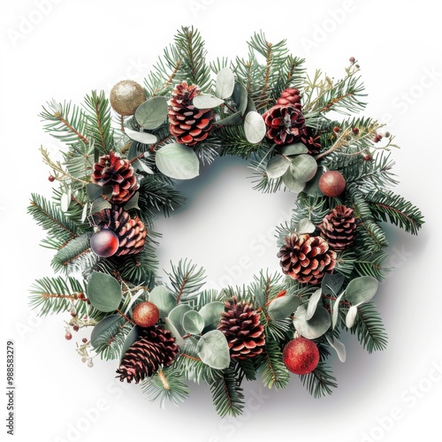 A Christmas wreath made with pine cones and red balls.