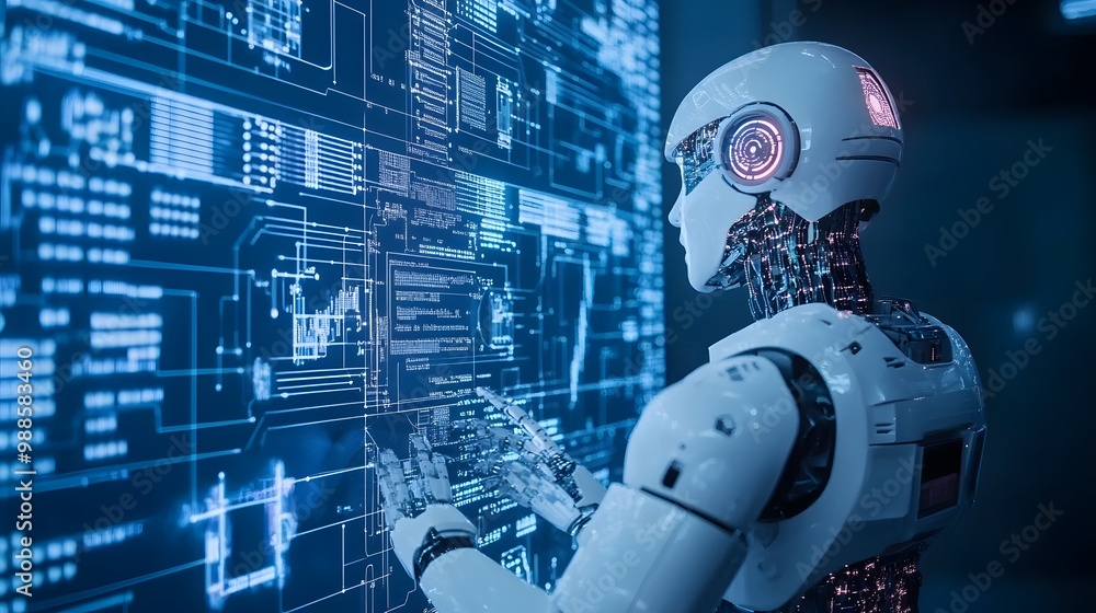 A humanoid robot interacting with a digital interface, displaying complex data and code. A humanoid robot interacting with a digital interface, displaying complex data and code.