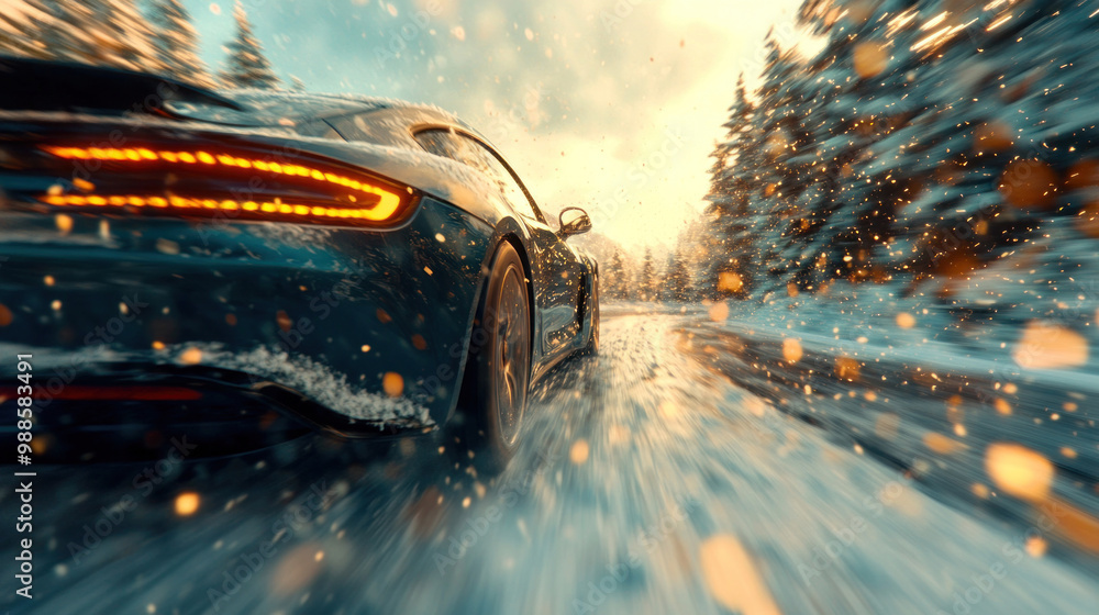 A sleek electric car driving through a snow-covered mountain pass, snow falling, futuristic winter landscape A sleek electric car driving through a snow-covered mountain pass, snow falling, futuristic winter landscape
