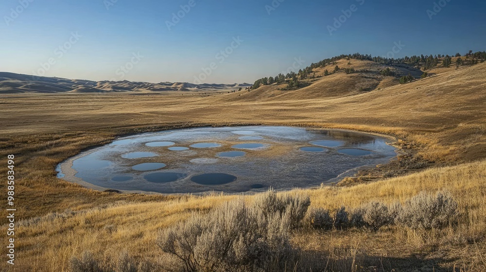 Spotted Lake in the early afternoon, with its distinctive circular spots vividly contrasted against the dry surrounding land. Spotted Lake in the early afternoon, with its distinctive circular spots vividly contrasted against the dry surrounding land.
