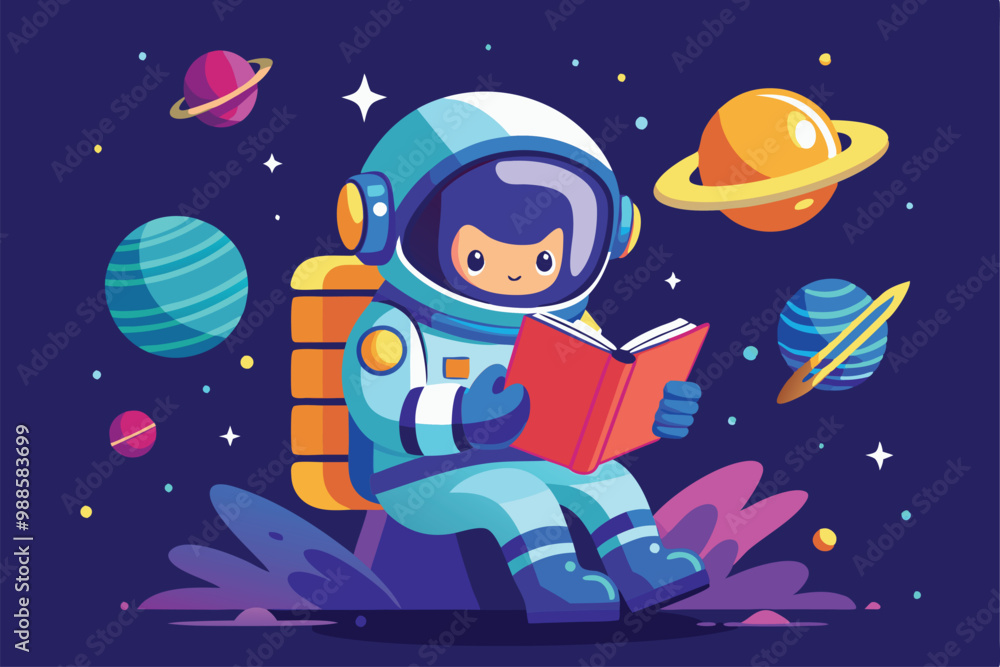 Fototapeta premium An astronaut reads a book in space surrounded by vibrant planets and twinkling stars, a cartoon character of a Astronaut reading a book