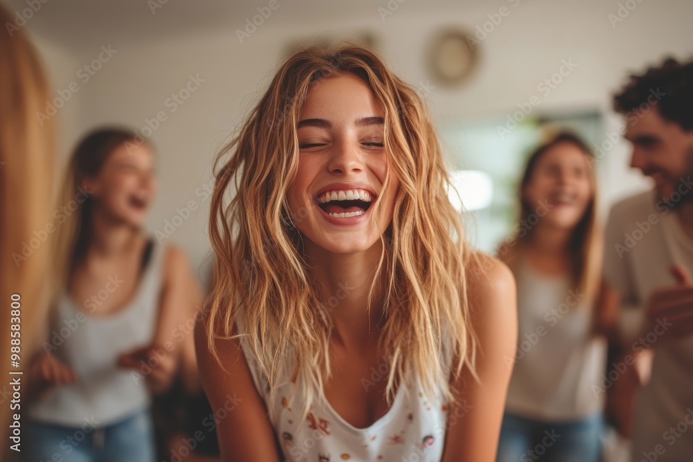 Group Of Friends At Home Having Fun Playing Charades Together, Generative AI Group Of Friends At Home Having Fun Playing Charades Together, Generative AI