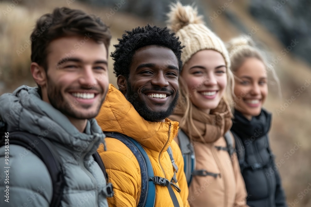 Happy group of friends hiking together, Generative AI Happy group of friends hiking together, Generative AI