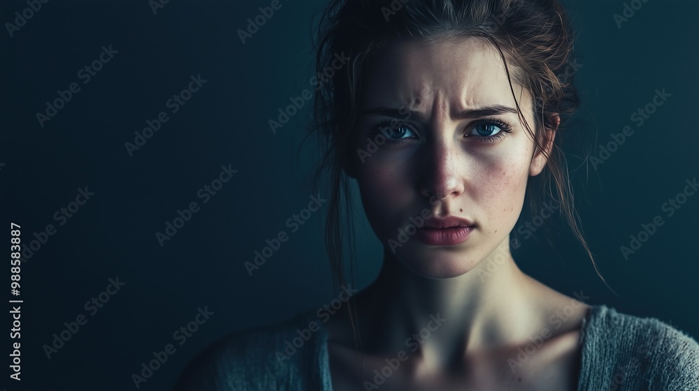 Close-up of a young woman with serious expression, furrowed brows, and intense gaze in moody, dark lighting. Close-up of a young woman with serious expression, furrowed brows, and intense gaze in moody, dark lighting.