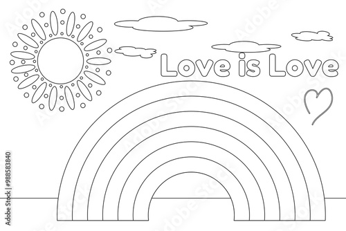 Coloring page featuring a rainbow, sun, and Love is Love message. Perfect for LGBTQ plus themes and self-expression activities.