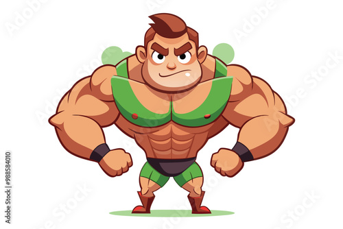 A muscular cartoon bodybuilder confidently showcasing his strength in a bright gym, a cartoon character of a bodybuilder.
