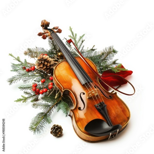 A violin is surrounded by pine needles and berries, creating on white background.