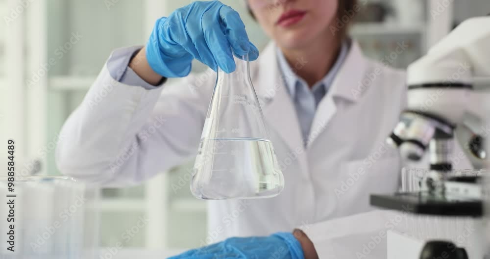 Woman scientist shakes Erlenmeyer flask with liquid solution. Laboratory worker in uniform examines sample at workplace with microscope Woman scientist shakes Erlenmeyer flask with liquid solution. Laboratory worker in uniform examines sample at workplace with microscope