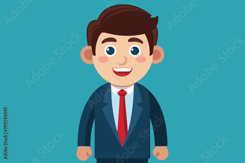 A cheerful cartoon character in a dark suit smiles warmly against a vibrant blue backdrop, a cartoon character of a Businessman Cartoon Mascot Character
