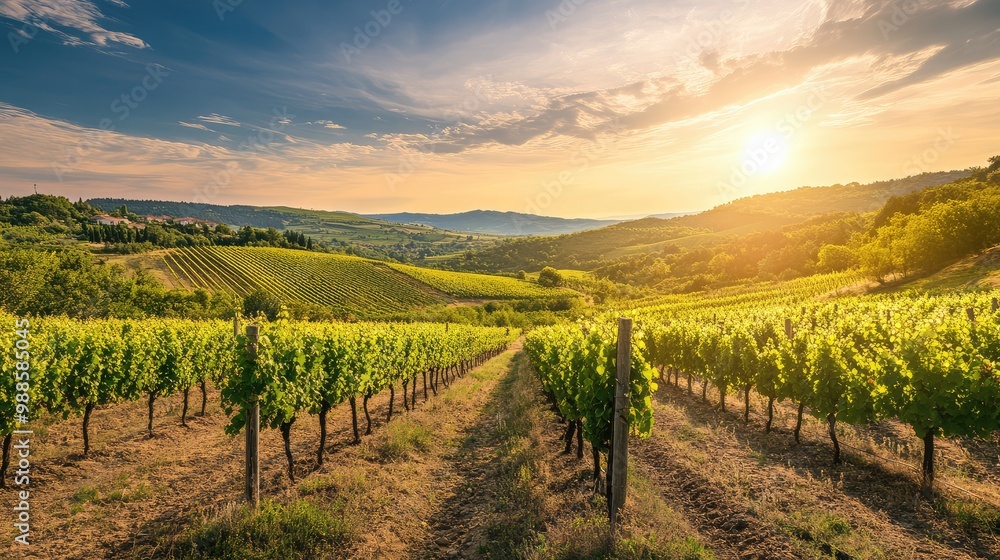 A scenic vineyard nestled in a rolling valley, with neat rows of grapevines stretching towards the distant hills under a warm summer sky. A scenic vineyard nestled in a rolling valley, with neat rows of grapevines stretching towards the distant hills under a warm summer sky.