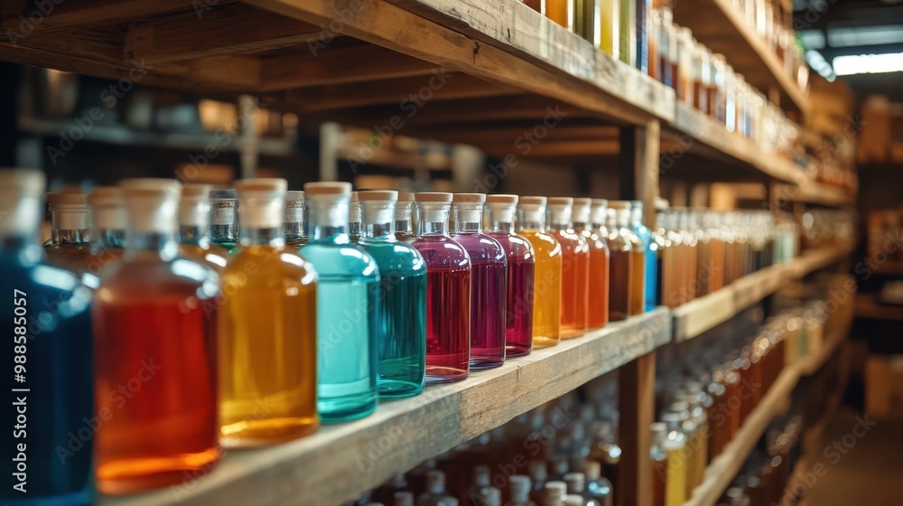 Neatly arranged bottles filled with colorful liquids on wooden shelves in a dimly lit warehouse, creating a soft ambiance. Neatly arranged bottles filled with colorful liquids on wooden shelves in a dimly lit warehouse, creating a soft ambiance.
