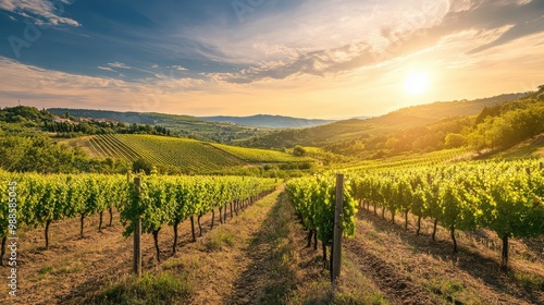 A scenic vineyard nestled in a rolling valley, with neat rows of grapevines stretching towards the distant hills under a warm summer sky.