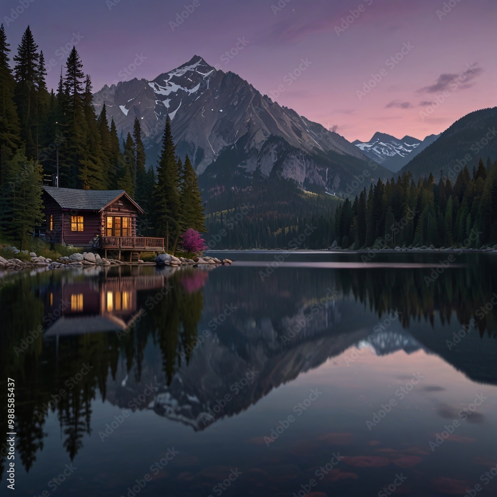 Fototapeta premium A serene mountain lake at twilight, with the sky turning purple and pink, mountains reflecting in the still water, and a cozy cabin with lights on in the distance