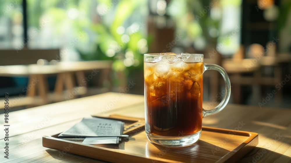 Thai iced tea served in a clear glass mug with a side of ice, placed on a wooden tray in an elegant tea house. Thai iced tea served in a clear glass mug with a side of ice, placed on a wooden tray in an elegant tea house.