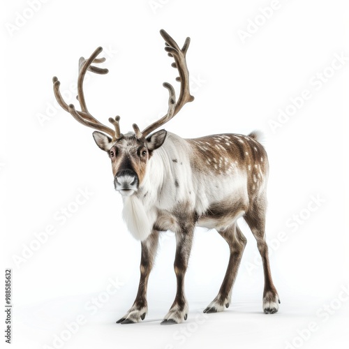 A reindeer with antlers stands in front of a white background.