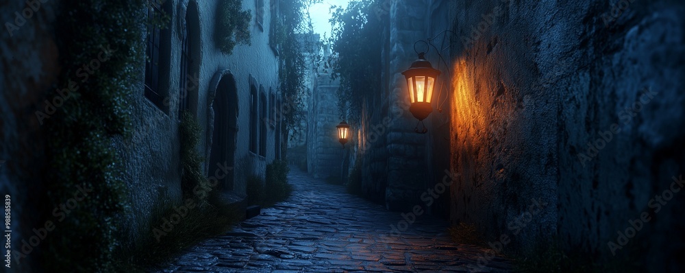 A dark and mysterious alley with old lanterns flickering dimly A dark and mysterious alley with old lanterns flickering dimly