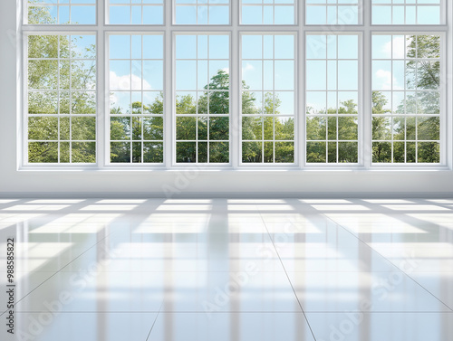 Interior of spacious room with multiple windows 