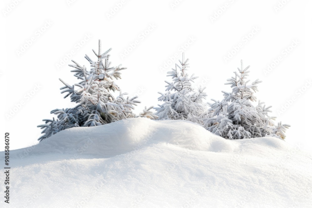 Fototapeta premium Pine trees are covered in snow, standing on a hill. The snow is piled up around the trees.