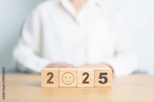 Happy New Year 2025 with Smile block. Satisfaction, feedback, Review, mental health, eco sustainable and good concept