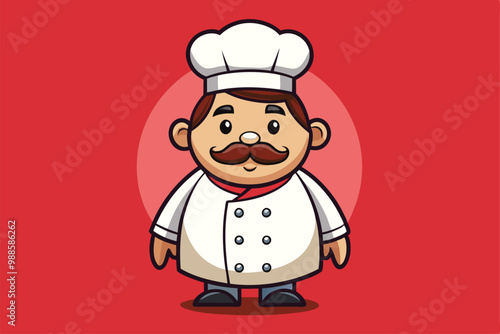 A cheerful chef boy character in a white outfit eagerly prepares to cook in a vibrant kitchen, a cartoon character of a Robot cartoon character